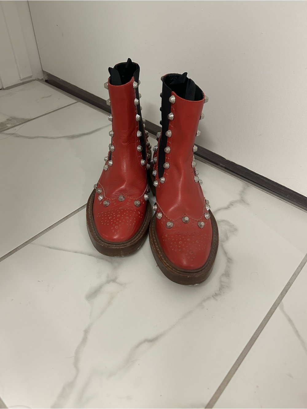 Balenciaga Red Studded Platform Combat Boots